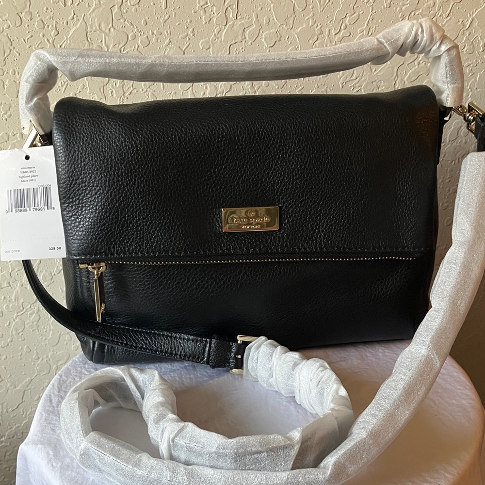 Kate Spade:Highland Place Mini Maria Black Pebbled Leather Shoulder Crossbody